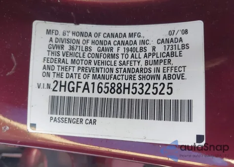 2008 Honda Civic Lx z USA, uszkodzony, nr VIN 2HGFA16588H532525